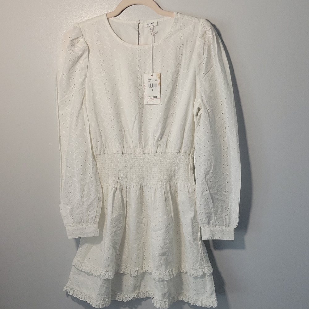 Splendid White Puff Sleeve Tiered Mini Dress
